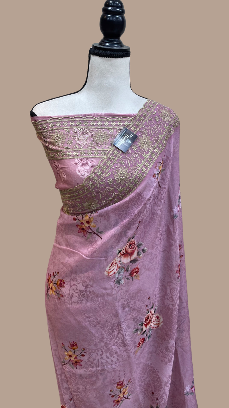 Pure Georgette Chikankari With Digital Print Handloom Banarasi Saree - The Handlooms