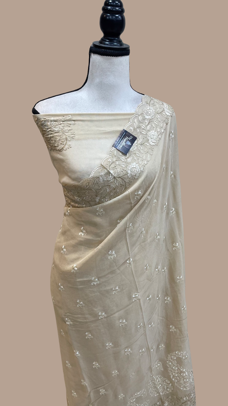 Pure Georgette Chikankari Handloom Banarasi Saree - The Handlooms