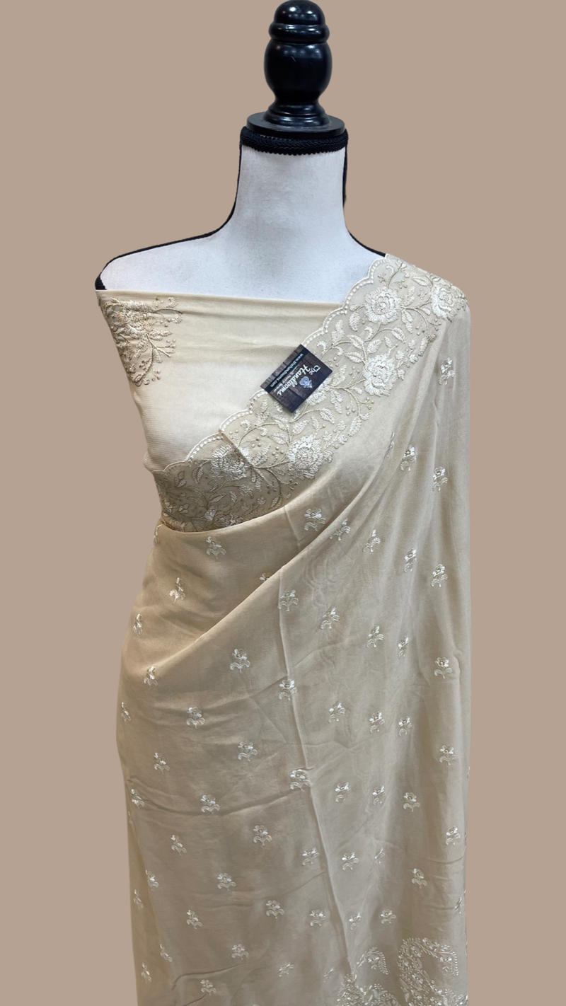 Pure Georgette Chikankari Handloom Banarasi Saree - The Handlooms