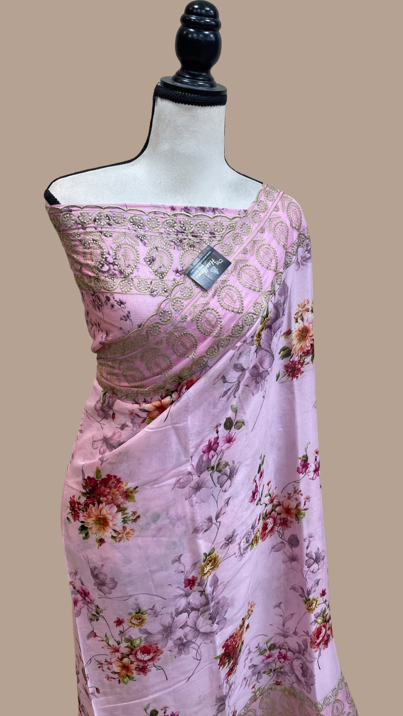 Pure Georgette Chikankari With Digital Print Handloom Banarasi Saree - The Handlooms
