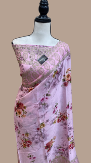 Pure Georgette Chikankari With Digital Print Handloom Banarasi Saree - The Handlooms