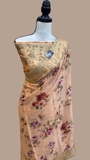 Pure Georgette Chikankari  With Digital Print Handloom Banarasi Saree - The Handlooms