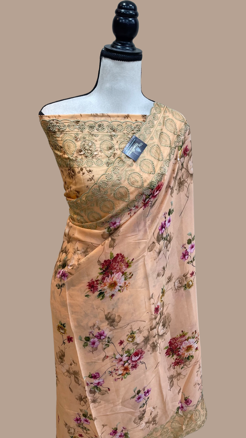Pure Georgette Chikankari  With Digital Print Handloom Banarasi Saree - The Handlooms