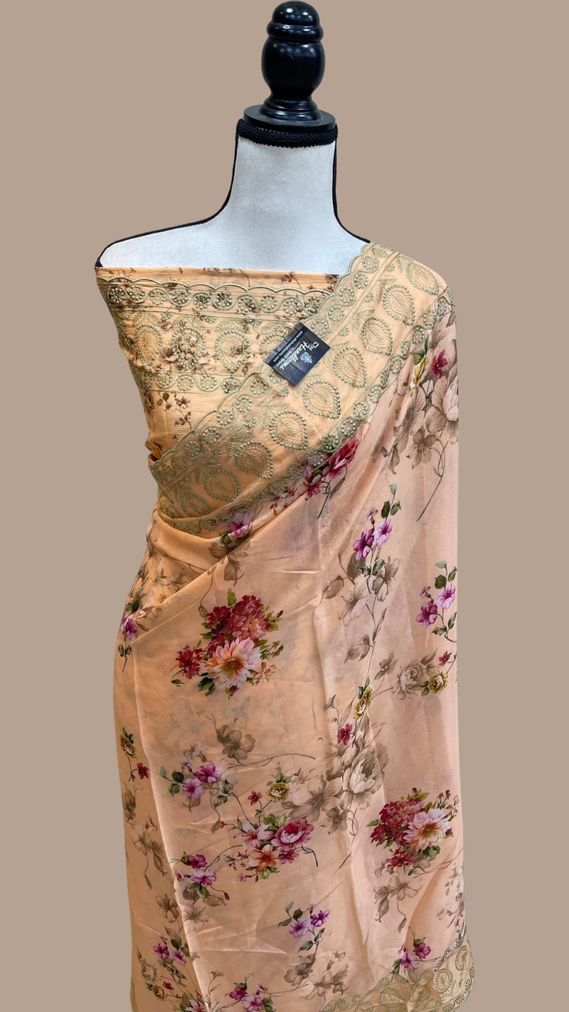 Pure Georgette Chikankari  With Digital Print Handloom Banarasi Saree - The Handlooms