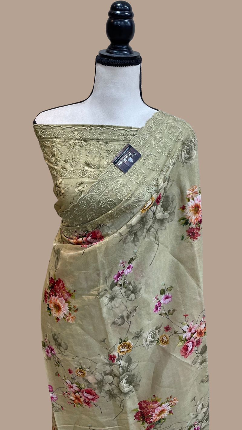 Pure Georgette Chikankari With Digital Print Handloom Banarasi Saree - The Handlooms