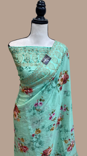 Pure Georgette Chikankari With Digital Print Handloom Banarasi Saree - The Handlooms