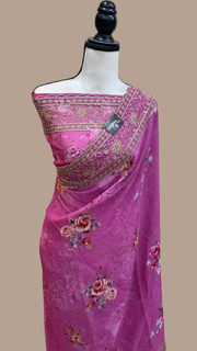 Pure Georgette Chikankari With Digital Print Handloom Banarasi Saree - The Handlooms