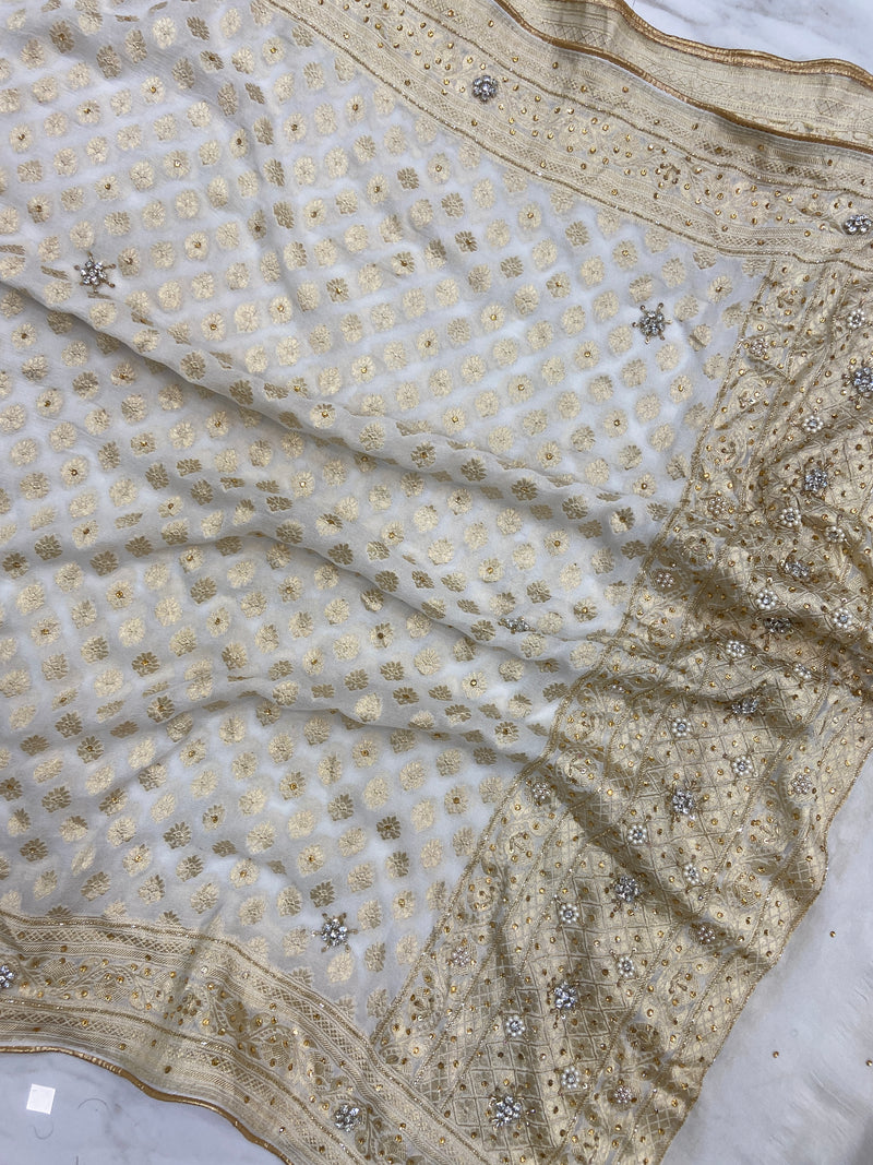 Pure Khaddi Georgette Handloom Dupatta With Zardosi Handwork