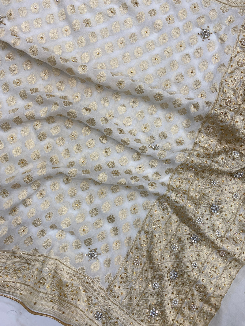 Pure Khaddi Georgette Handloom Dupatta With Zardosi Handwork