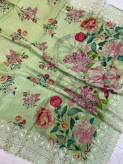 Pure Georgette Chikankari With Digital print Handloom Banarasi Saree - The Handlooms