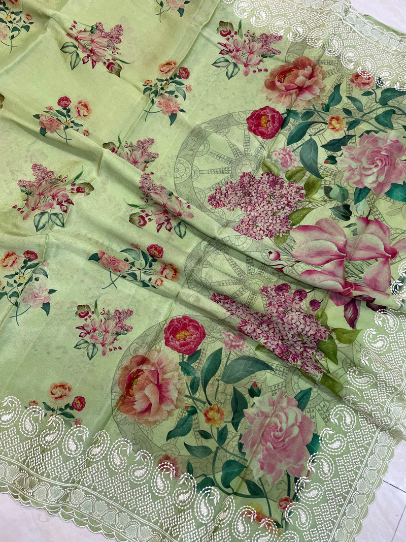 Pure Georgette Chikankari With Digital print Handloom Banarasi Saree - The Handlooms