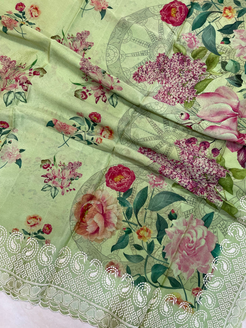 Pure Georgette Chikankari With Digital print Handloom Banarasi Saree - The Handlooms