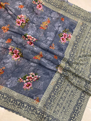 Pure Georgette Chikankari With Digital print Handloom Banarasi Saree - The Handlooms