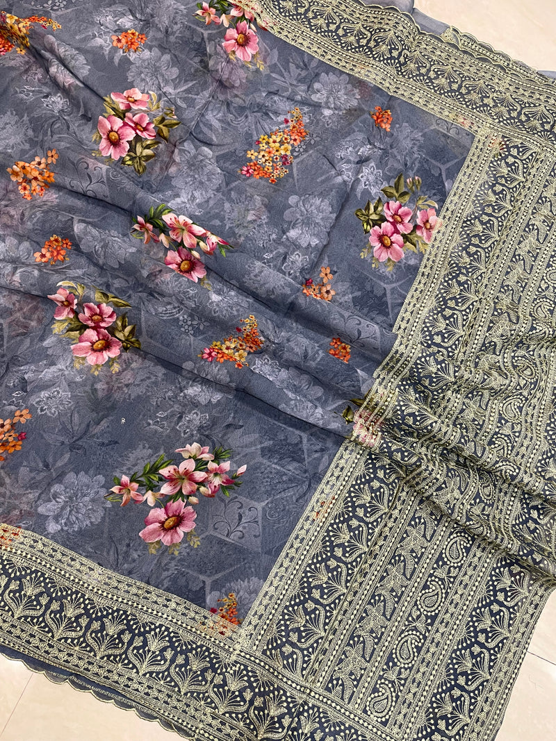 Pure Georgette Chikankari With Digital print Handloom Banarasi Saree - The Handlooms
