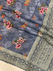Pure Georgette Chikankari With Digital print Handloom Banarasi Saree - The Handlooms