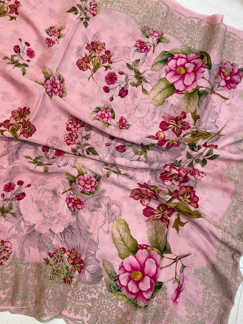 Pure Georgette Chikankari With Digital print Handloom Banarasi Saree - The Handlooms