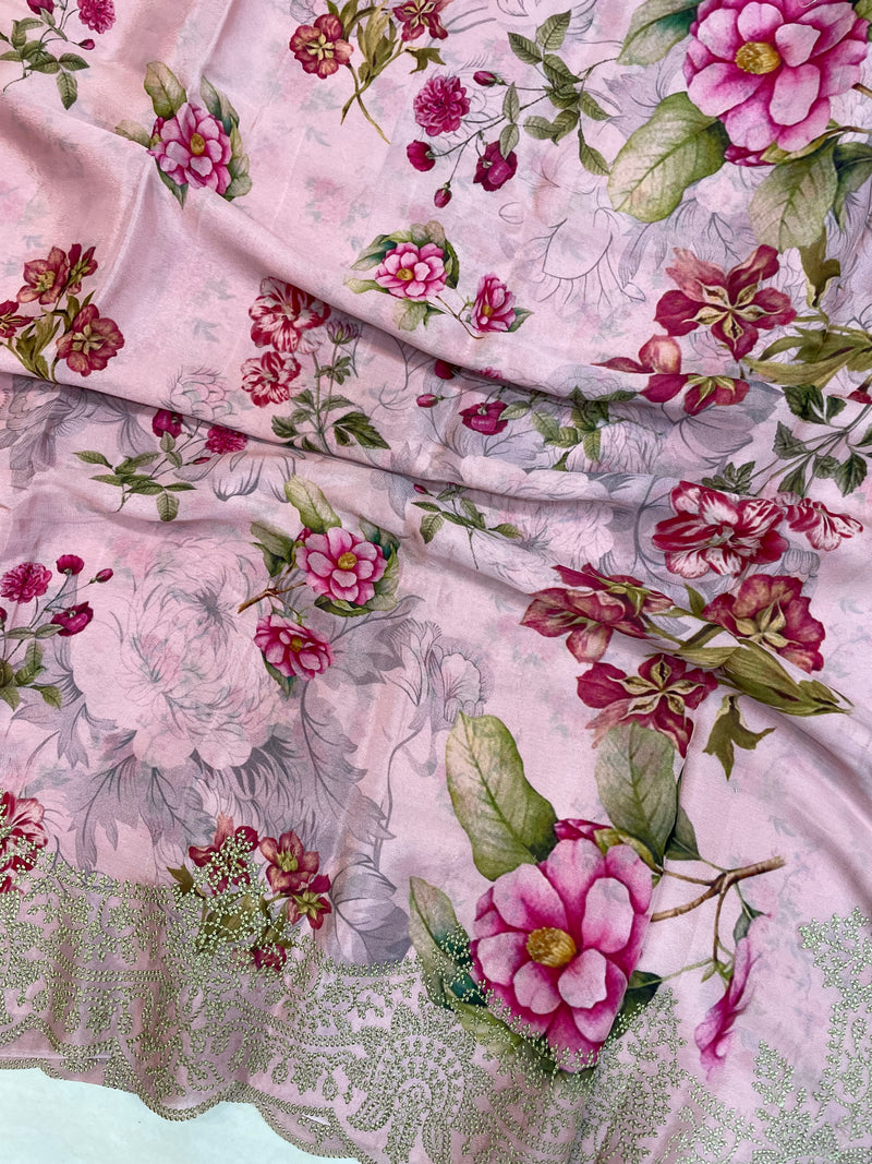 Pure Georgette Chikankari With Digital print Handloom Banarasi Saree - The Handlooms