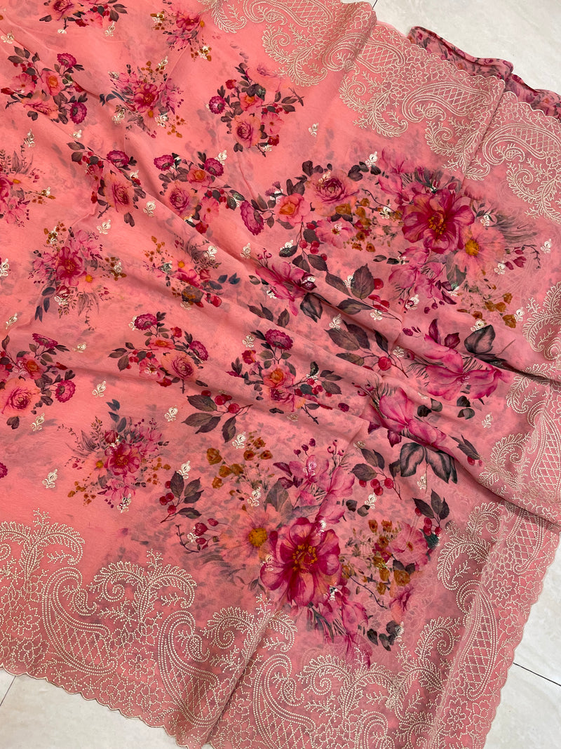 Pure Georgette Chikankari With Digital print Handloom Banarasi Saree - The Handlooms