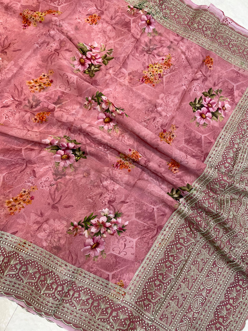 Pure Georgette Chikankari With Digital print Handloom Banarasi Saree - The Handlooms