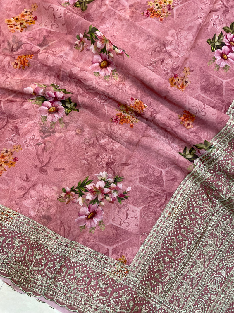 Pure Georgette Chikankari With Digital print Handloom Banarasi Saree - The Handlooms