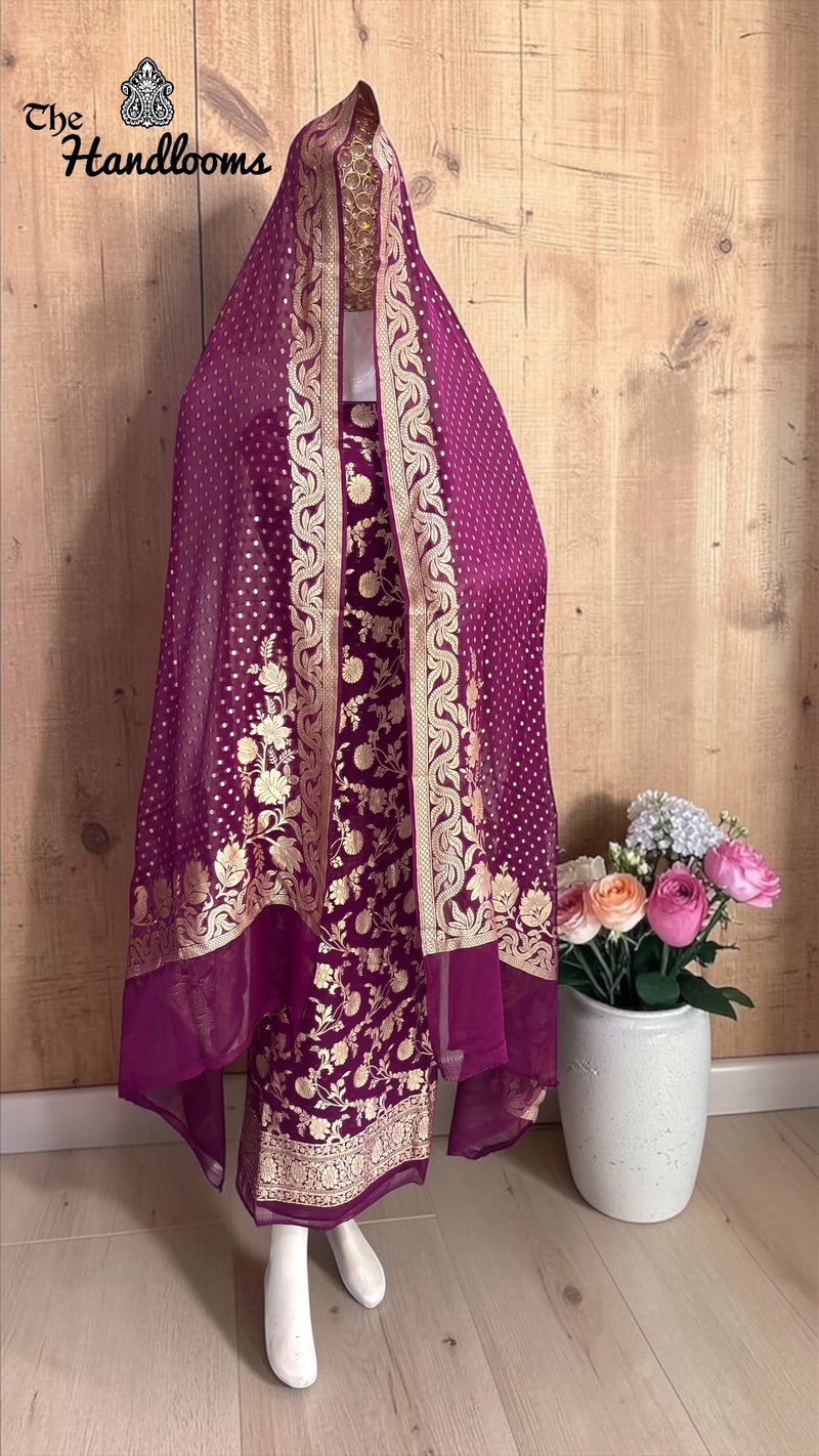 Pure Khaddi Georgette Handloom Banarasi Dress Material Water Zari - The Handlooms
