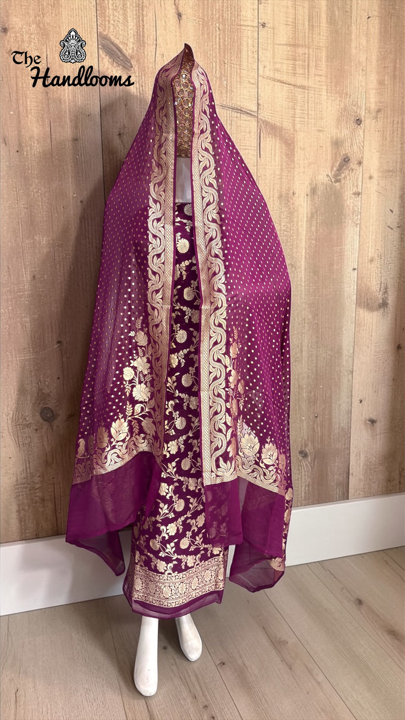 Pure Khaddi Georgette Handloom Banarasi Dress Material Water Zari - The Handlooms