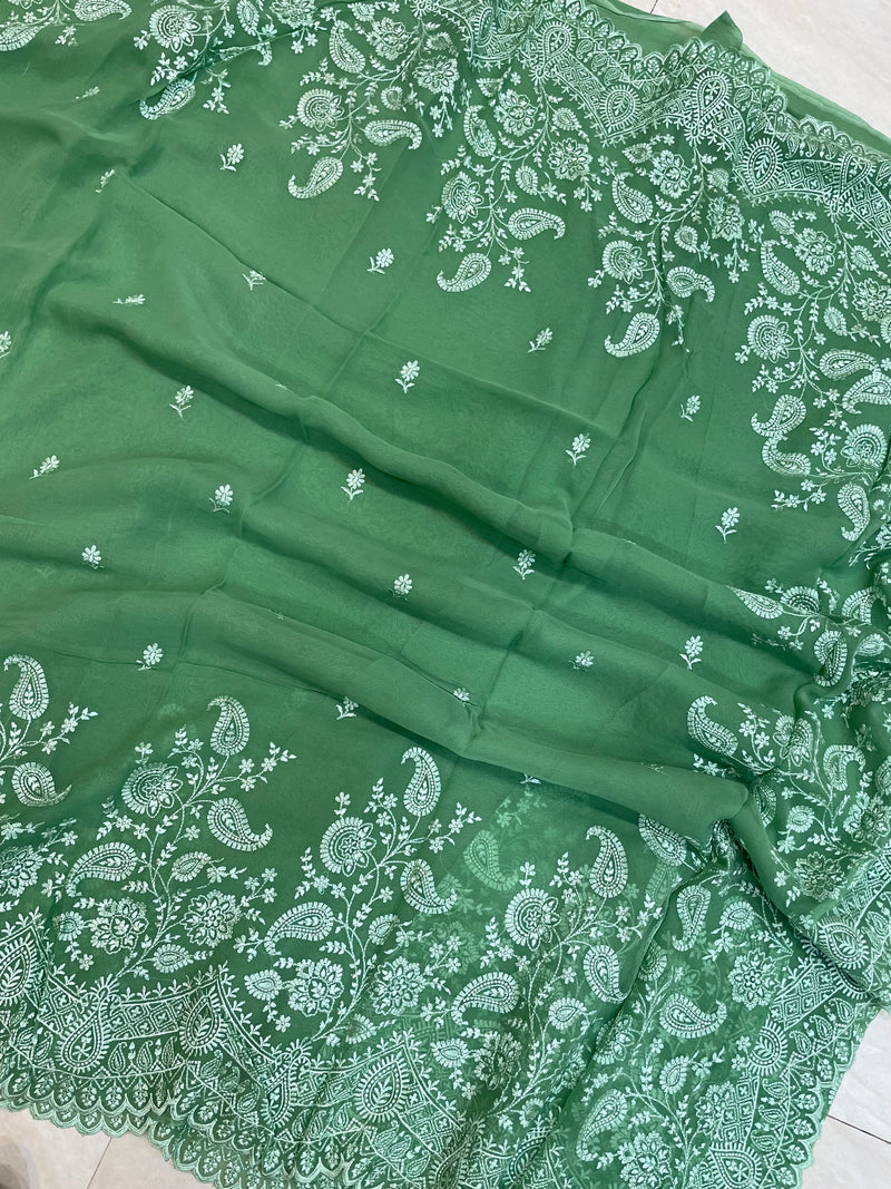 Pure Georgette Chikankari Handloom Banarasi Saree - The Handlooms