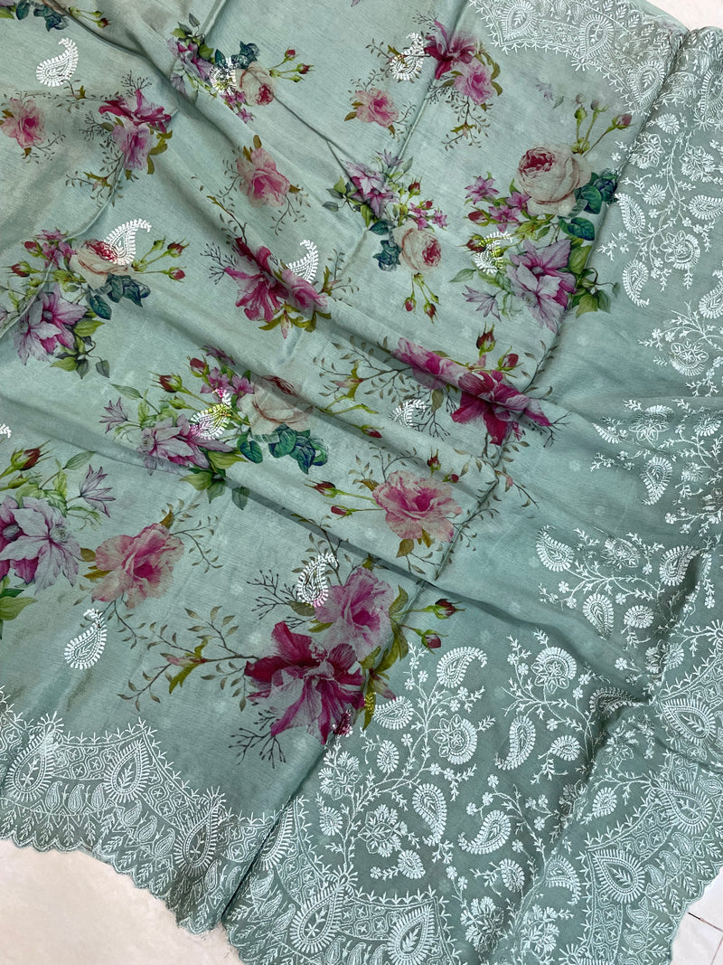 Pure Georgette Chikankari With Digital print Handloom Banarasi Saree - The Handlooms