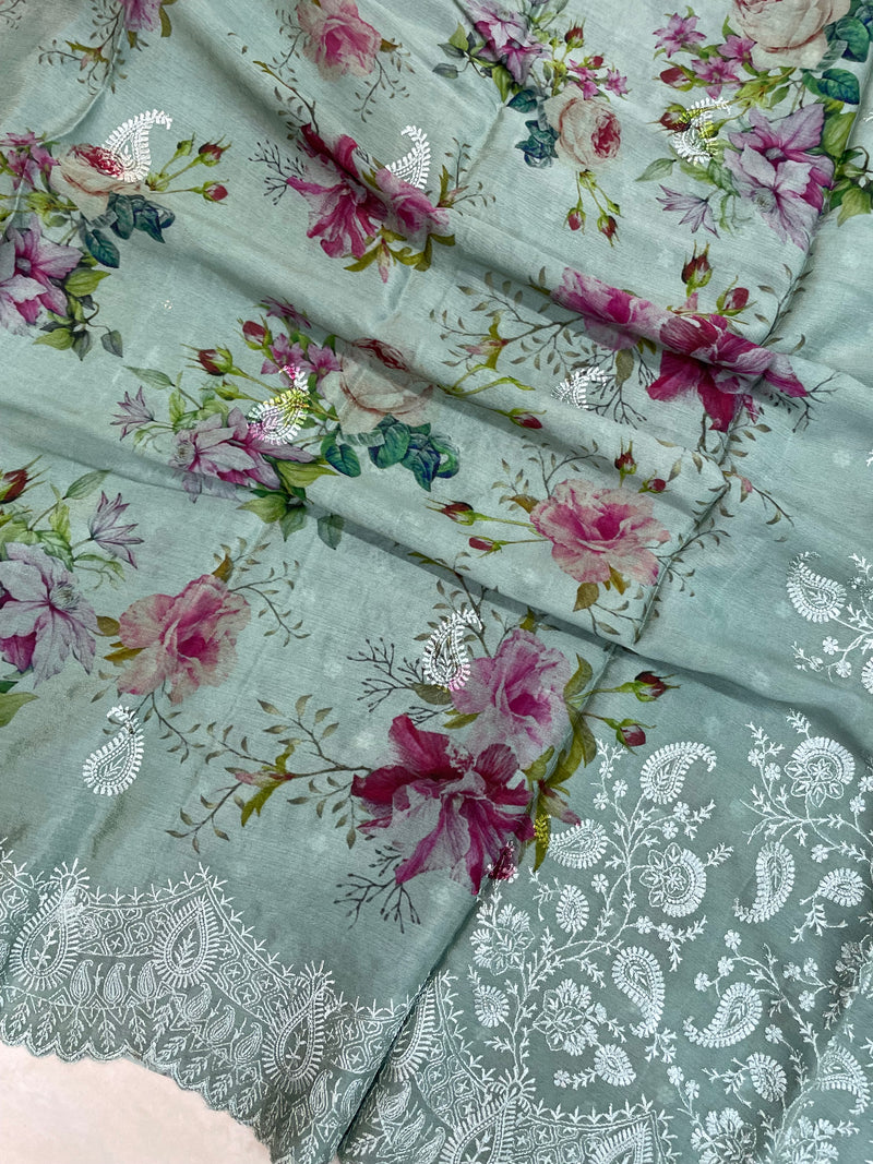 Pure Georgette Chikankari With Digital print Handloom Banarasi Saree - The Handlooms