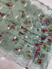 Pure Georgette Chikankari With Digital print Handloom Banarasi Saree - The Handlooms