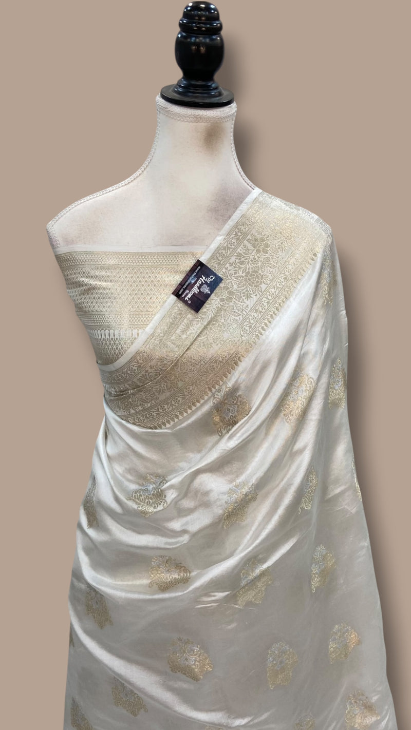 White Pure Mango Silk Banarasi Handloom Saree - The Handlooms