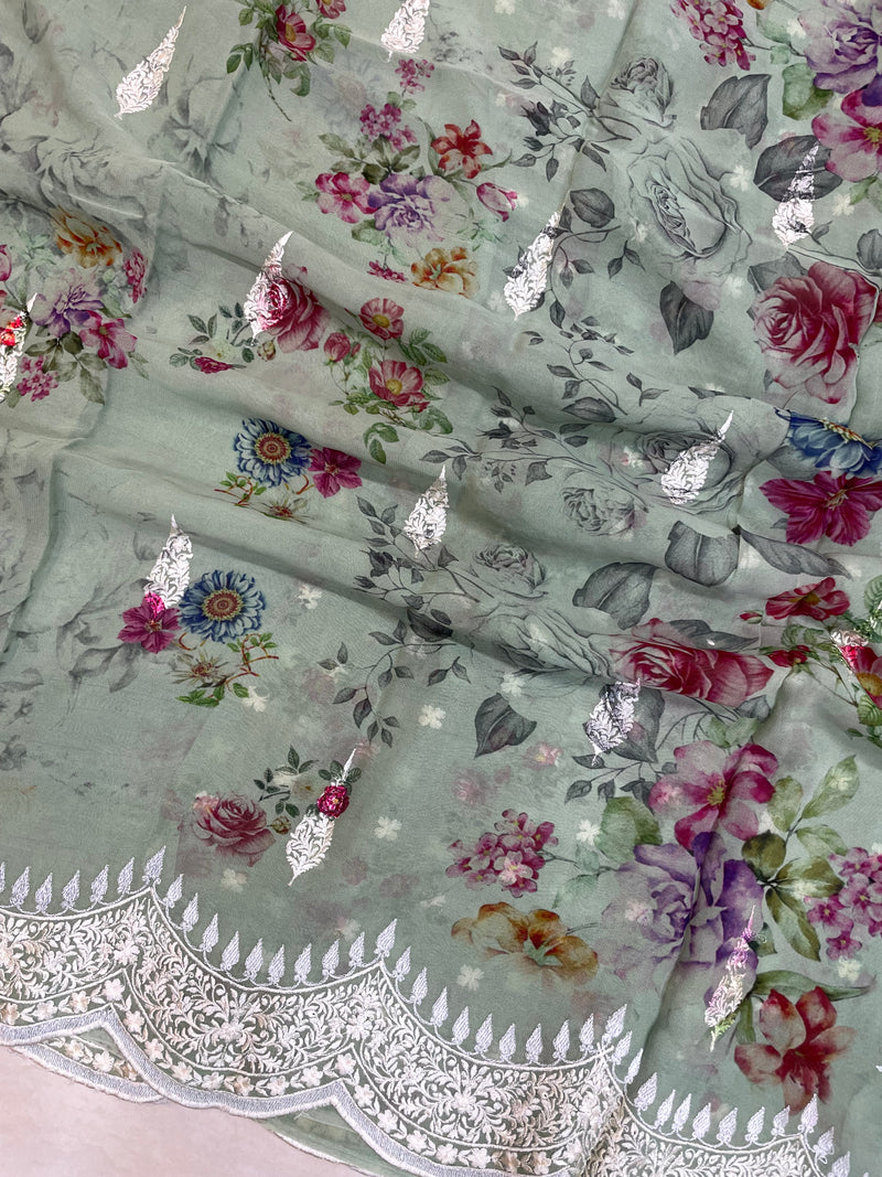 Pure Georgette Chikankari With Digital print Handloom Banarasi Saree - The Handlooms