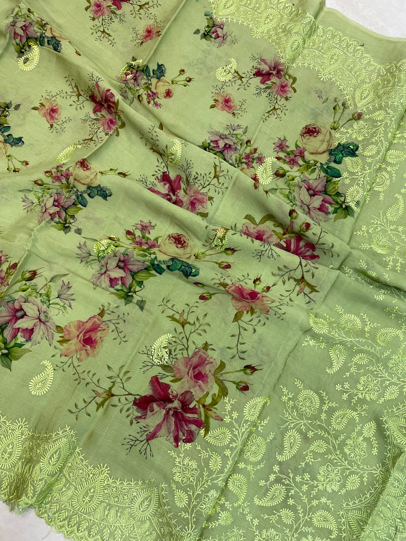 Pure Georgette Chikankari With Digital print Handloom Banarasi Saree - The Handlooms