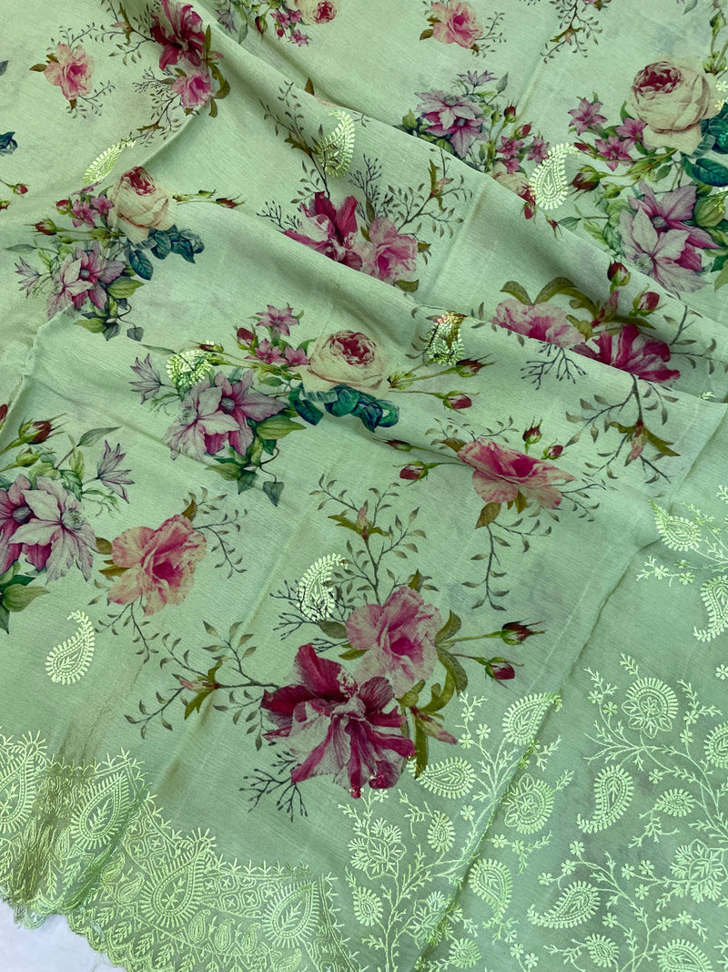 Pure Georgette Chikankari With Digital print Handloom Banarasi Saree - The Handlooms