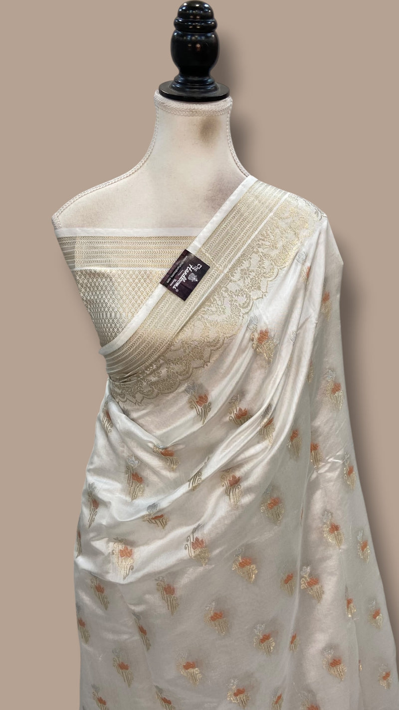 White Pure Mango Silk Banarasi Handloom Saree - The Handlooms