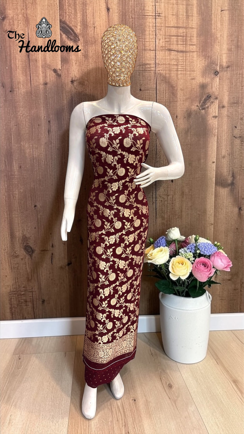 Pure Khaddi Georgette Handloom Banarasi Dress Material Water Zari - The Handlooms