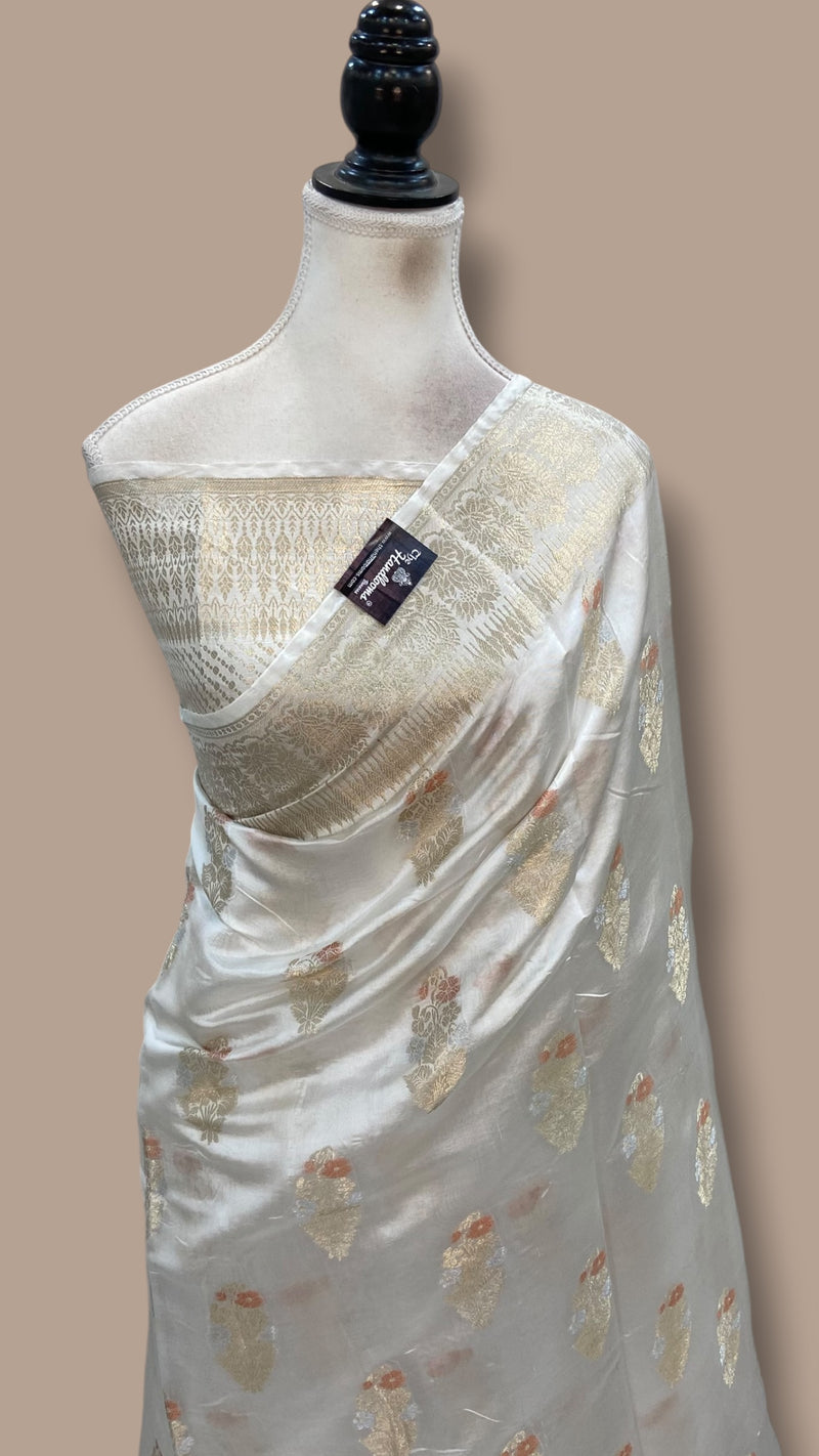 White Pure Mango Silk Banarasi Handloom Saree - The Handlooms