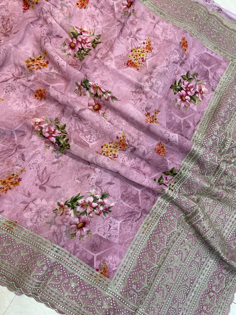 Pure Georgette Chikankari With Digital print Handloom Banarasi Saree - The Handlooms