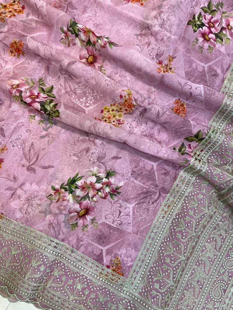 Pure Georgette Chikankari With Digital print Handloom Banarasi Saree - The Handlooms