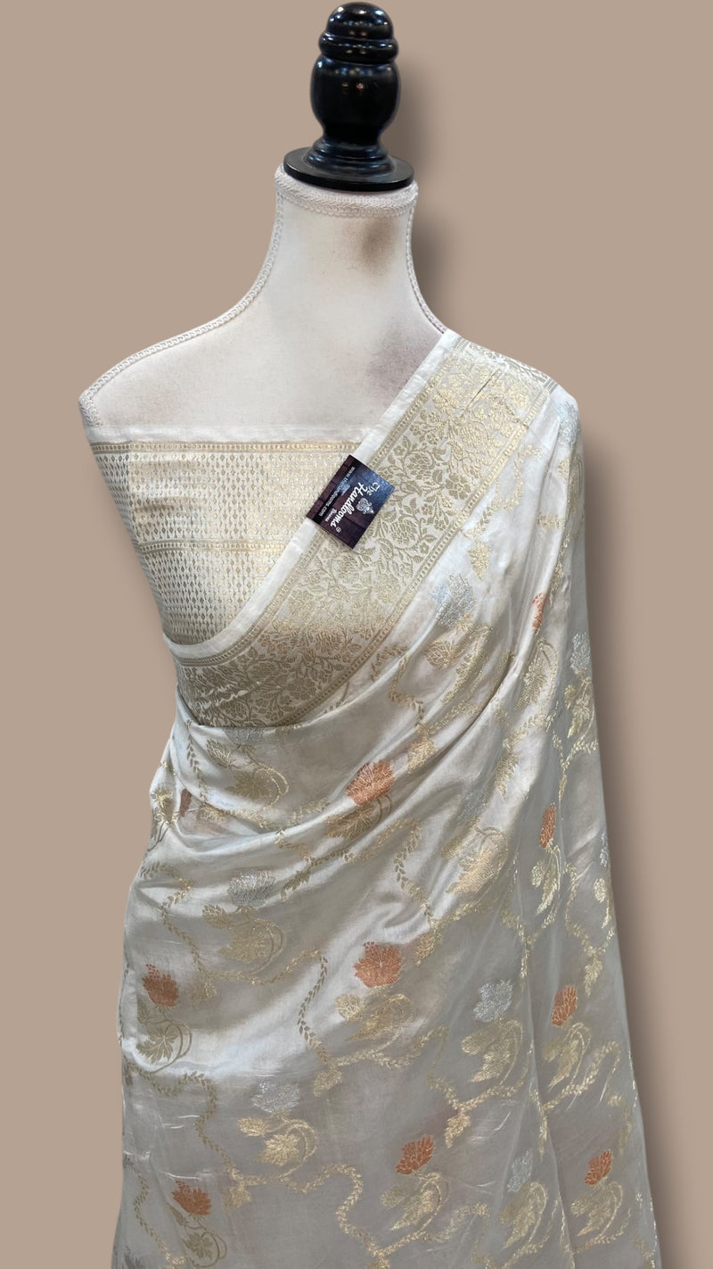 White Pure Mango Silk Banarasi Handloom Saree - The Handlooms