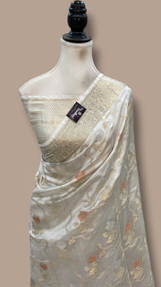 White Pure Mango Silk Banarasi Handloom Saree - The Handlooms
