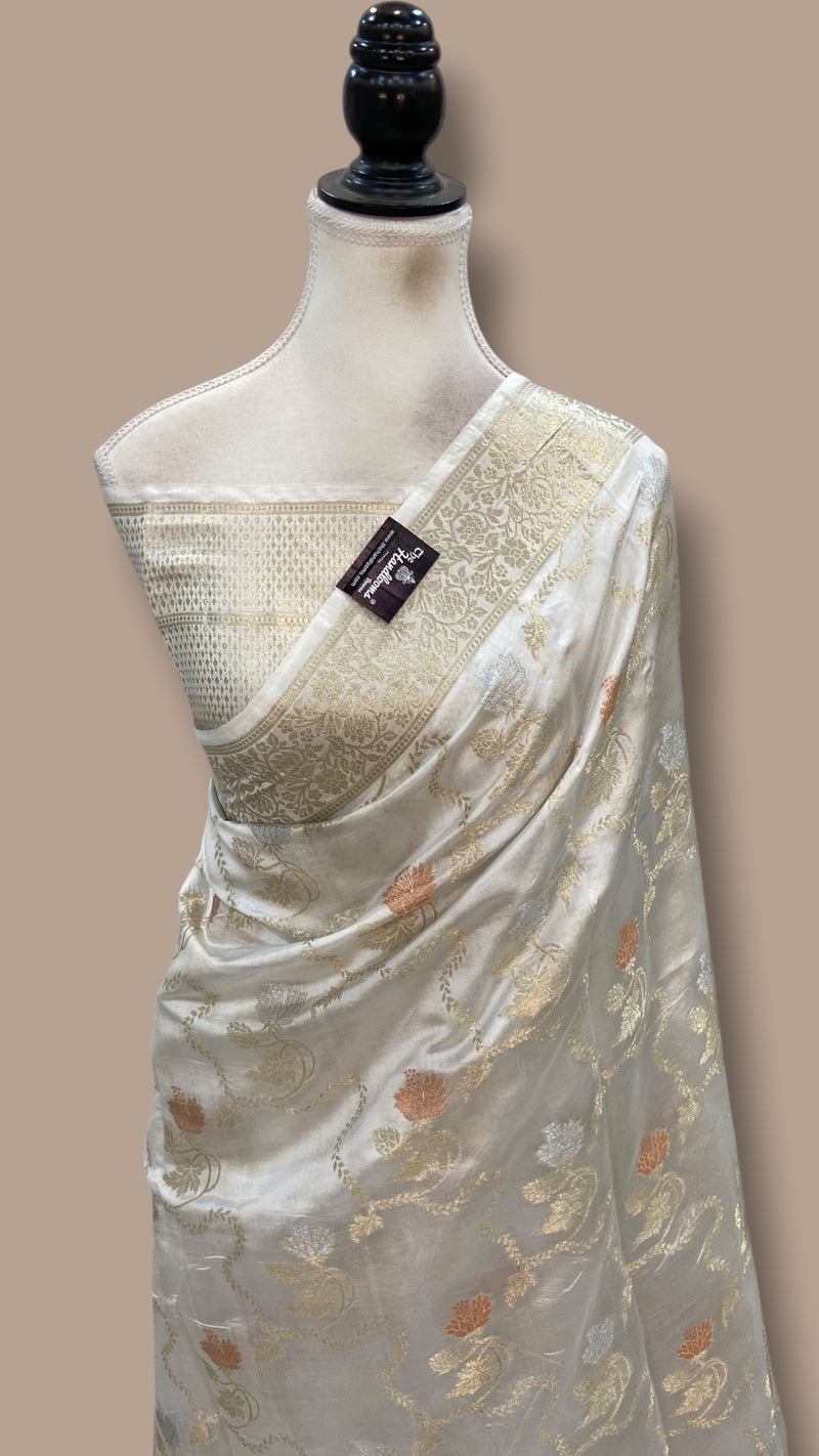 White Pure Mango Silk Banarasi Handloom Saree - The Handlooms