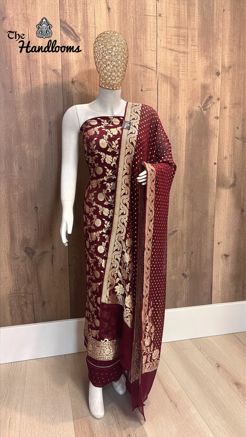 Pure Khaddi Georgette Handloom Banarasi Dress Material Water Zari - The Handlooms
