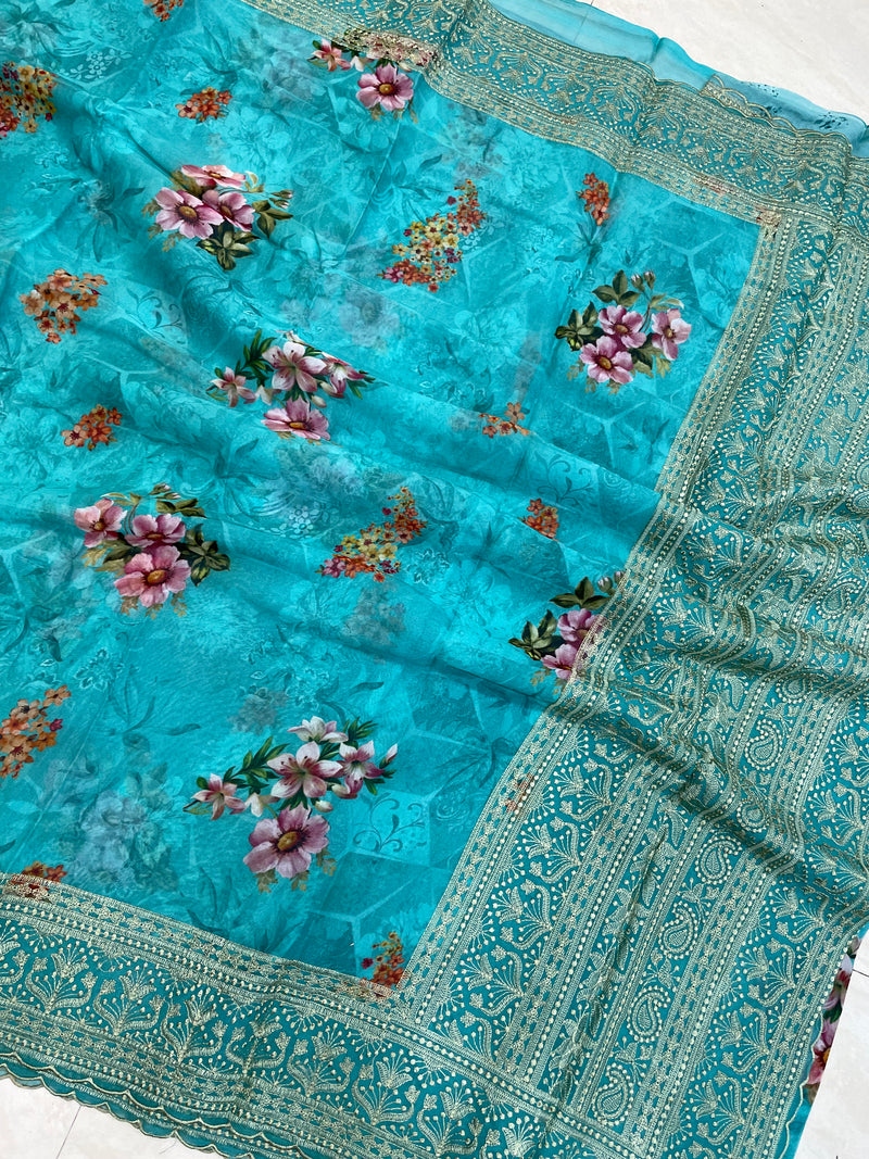 Pure Georgette Chikankari With Digital print Handloom Banarasi Saree - The Handlooms