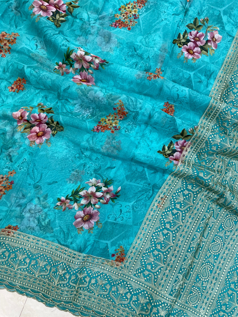 Pure Georgette Chikankari With Digital print Handloom Banarasi Saree - The Handlooms