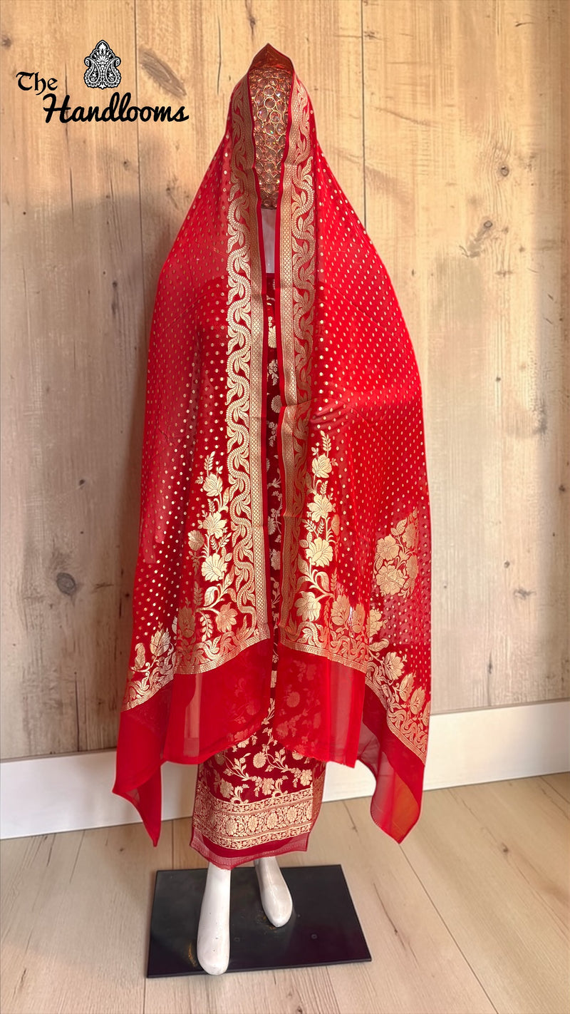 Pure Khaddi Georgette Handloom Banarasi Dress Material Water Zari - The Handlooms