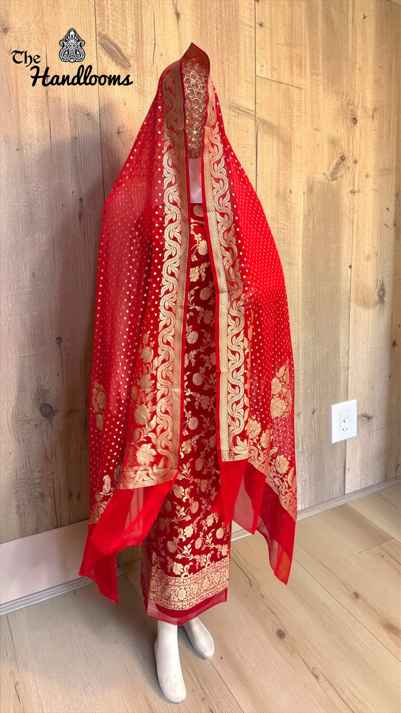Pure Khaddi Georgette Handloom Banarasi Dress Material Water Zari - The Handlooms