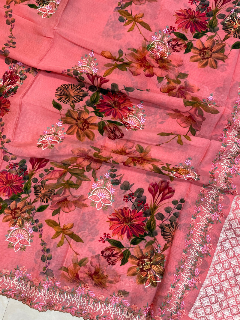 Pure Georgette Chikankari With Digital print Handloom Banarasi Saree - The Handlooms