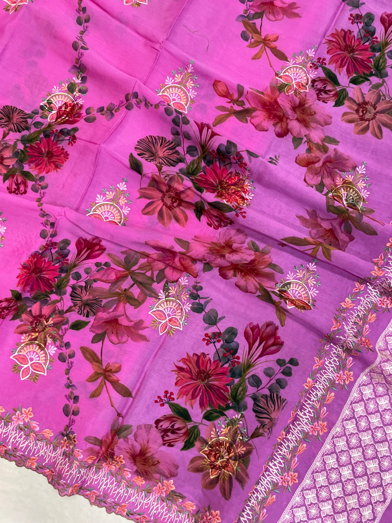 Pure Georgette Chikankari With Digital print Handloom Banarasi Saree - The Handlooms