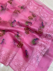Pure Organza Digital Print with Chikankari Handloom Banarasi Saree - The Handlooms